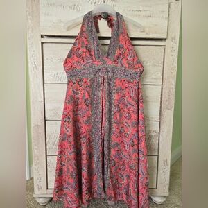 Backless Silk Halter Neck Mid Calf Length Pink Color Dress